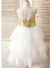 Sheer Neck Gold Sequin Ivory Tulle Ruffled Slit Back Flower Girl Dress